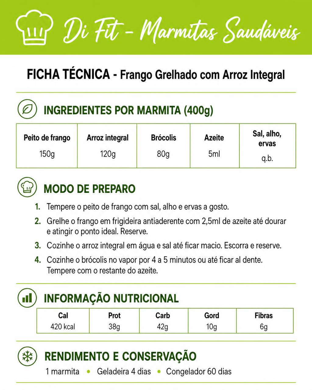 Exemplo: Ficha técnica de receita gerado no MarmiHub para Di Fit Alimentação Saudável