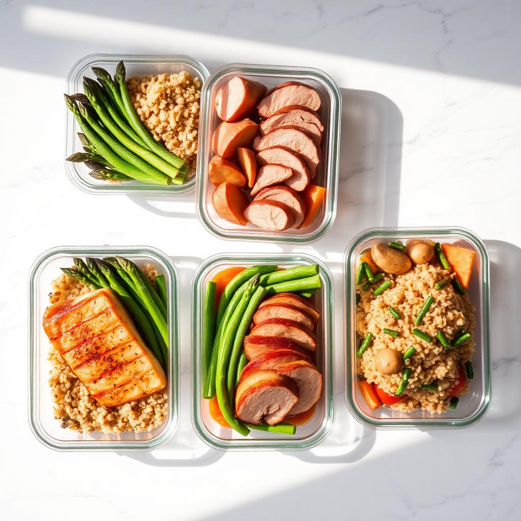 Marmitas fitness variadas com salmão, quinoa e vegetais
